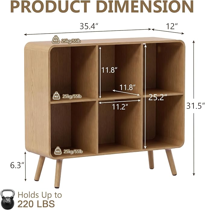 YOSHOOT 6 Cube Bookshelf - 35.4" Wood Cube Bookcase with Legs, Open Cubby Bookshelves with Curved Profile Design for Bedroom, Living Room,Home Office, Nature