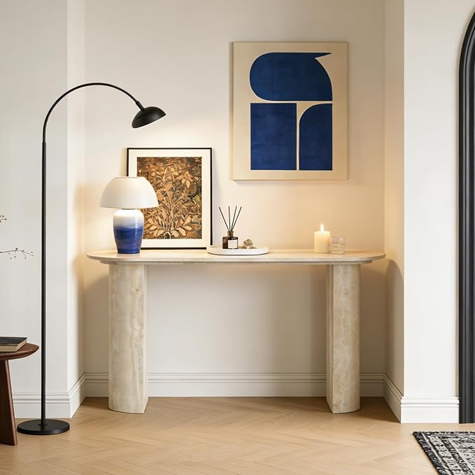 Faux Mars Marble Pattern Console Table, 55.12" Skinny Long Sofa Table Behind Couch with Rounded Edges, Wooden Narrow Sofa Table Hall Table for Living Room Foyer Entrance Hallway, Marble