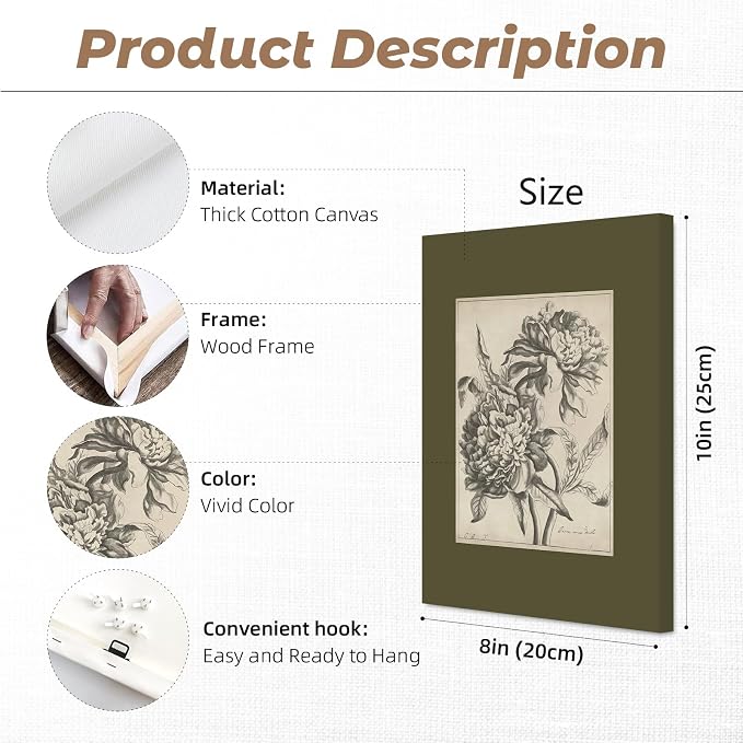 Vintage Floral Wall Art Sketch Flower Prints Antique Botanical Canvas Wall Art Decor Vintage Etchings Floral Poster Green Botanical Painting Sage Green Artwork for Bedroom 8x10x6 Inch Wrapped Canvas