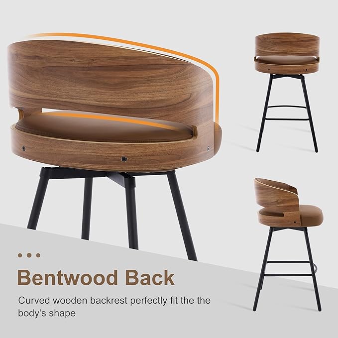 Swivel Bar Stools Set of 2, 26" Counter Height Bentwood Barstool, Upholstered Faux Leather Barstools with Walnut Back, Mid Century Modern Bar Chairs for Kitchen Island, Bar