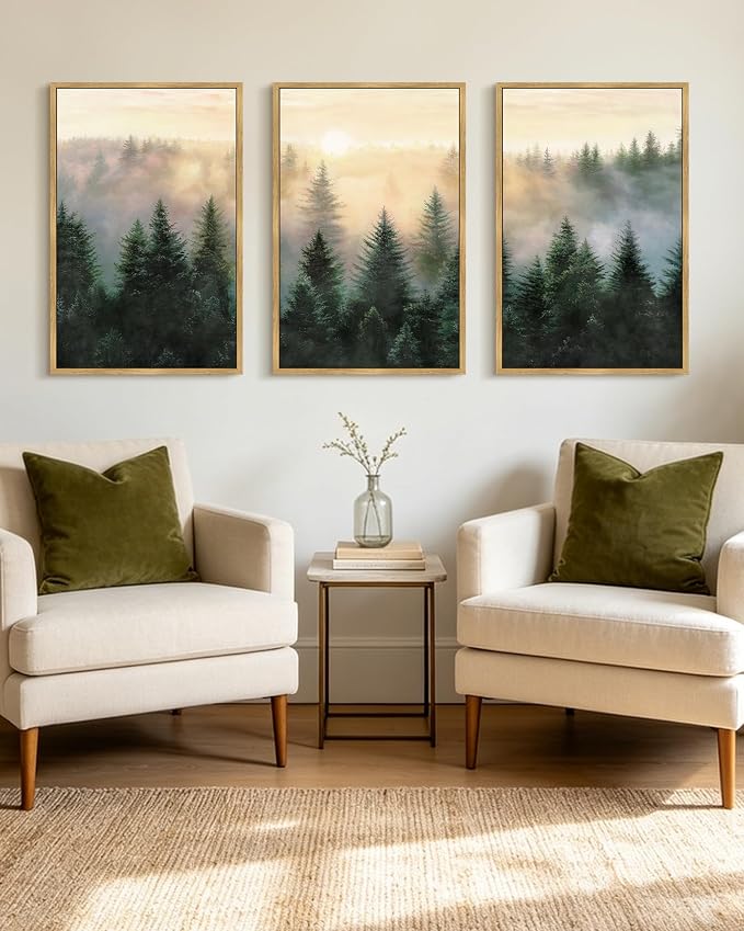 KUVIOKE Sun Dawn Fog Pine Tree Framed Wall Art Morden Nature Nordic Forests Artwork Bedroom Decor 24x36in (Natural Framed)