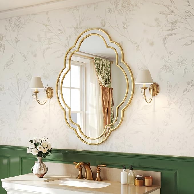 Gold Oval Mirror - 24"x32" Gold Scalloped Edge Mirrors with Beveled Glass Frame, Wall Decor Mirror for Living Room, Bedroom, Entryway,Hallway