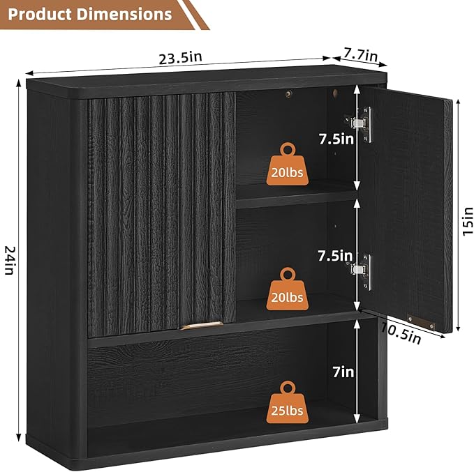 LEYAOYAO Fluted Bathroom Wall Cabinet, Wall-Mounted Medicine Cabinet with Adjustable Shelf & Doors, Farmhouse Floating Over The Toilet Storage Cabinets for Laundry Room, Kitchen, Living Room (Black)