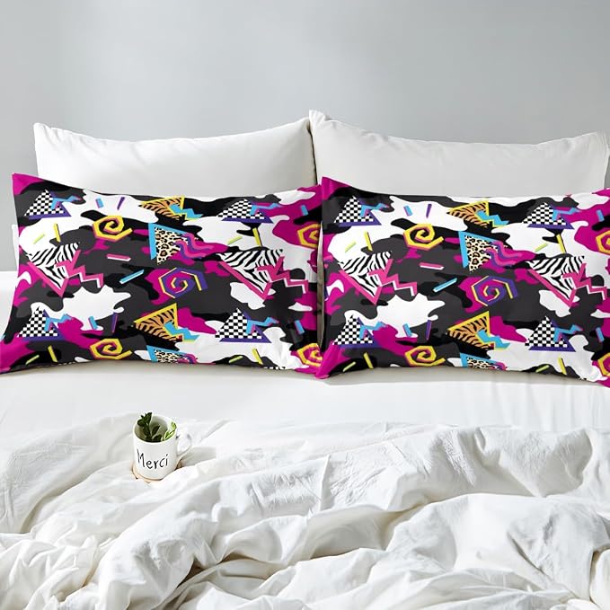 Military Theme Comforter Cover Irregular Camouflage Bedding Set for Teens Mens Boys Retro 80s 90s Memphis Duvet Cover Circular Triangle Geometric Quilt Cover Urban Art Bedroom Decor King Size