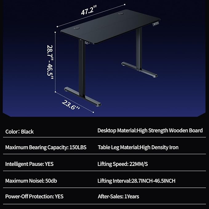 Shintenchi Standing Desk, Height Adjustable Electric Sit Stand up Desk, Ergonomic Rising Computer Table, 48x24 Inch Modern Lift Gaming Desk Workstation for Home Office, Black