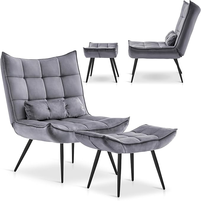 MCombo Accent Chair with Ottoman, Modern Velvet Wingback Lounge Chair, Upholstered Club Chair for Small Space, Living Room & Bedroom 4079 (2, Dark Grey)