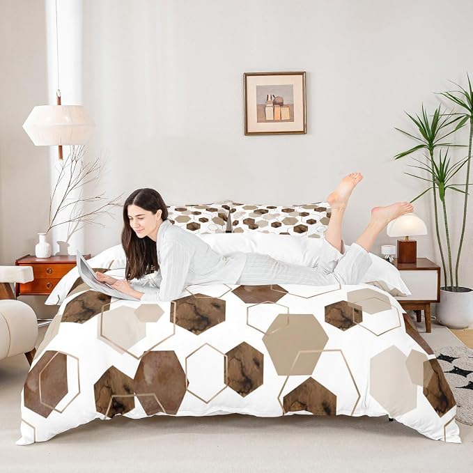 Erosebridal Brown Geometric Duvet Cover | Royal Blue Modern Abstract Kids Bedding Sets Geometric Marble Art Bed Set Full | Watercolor Hexagon Print Bed Cover for Men Women