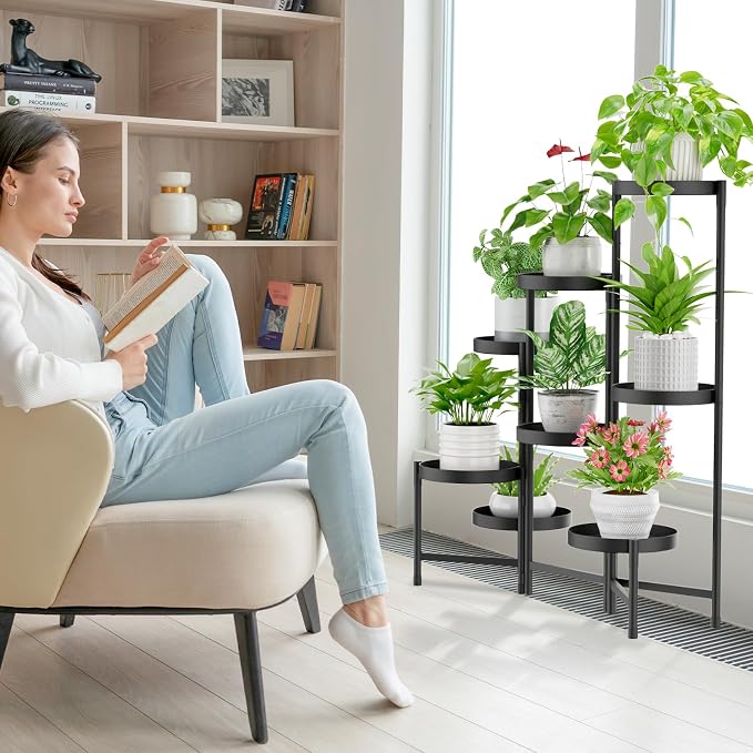 iDavosic.ly Plant Stand Indoor Outdoor, 8 Tier Corner Metal Flower Display Holder Shelf, Folding Tall Orchid Rack for Patio Balcony Porch Garden Living Room House, Black