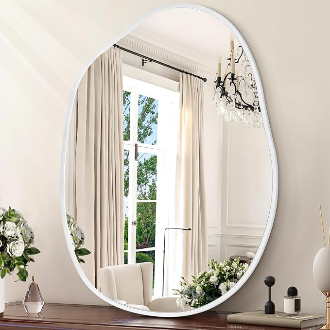 Asymmetrical Bathroom Mirror Irregular Wall Mirror Modern Metal Frame Unique Shape Wall Mounted Vanity Artistic Mirrors Decorative for Living Room Bedroom Entryway 22"x30" Large White