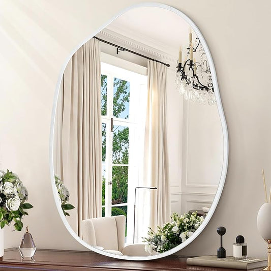 Large Asymmetrical Wall Mirror Aluminum Alloy Frame Irregular Bathroom Mirrors Brushed Metal Vanity Wall Mounted Mirror for LivingRoom Bedroom Entryway Room Home Decor White 26"x37.5"