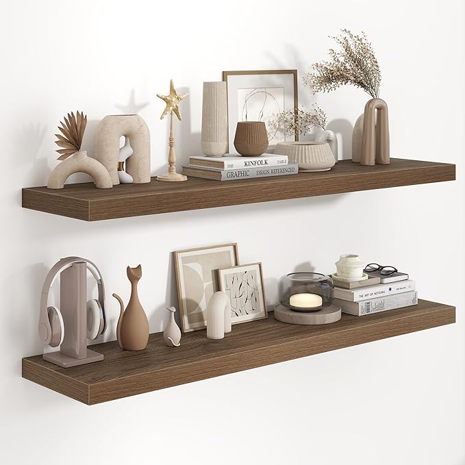 Fun Memories 48 Inch Floating Shelves, 9.3 Inch Deep Wall Shelves for Bathroom, Living Room, Bedroom, Kitchen, Deep Long Shelf Wall Mounted 2 Pack Shelf for Books, Decor, Walnut