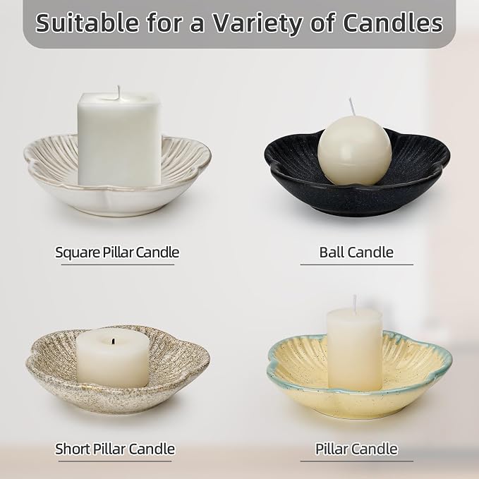 Koythin Ceramic Candlestick Holder for Pillar Candles, Floral Shape Candle Stand & Dish Bowl for Candlesticks, Incense, Decorative Ceramic Plate Tray for Table Centerpiece and Home Decor (Khaki)