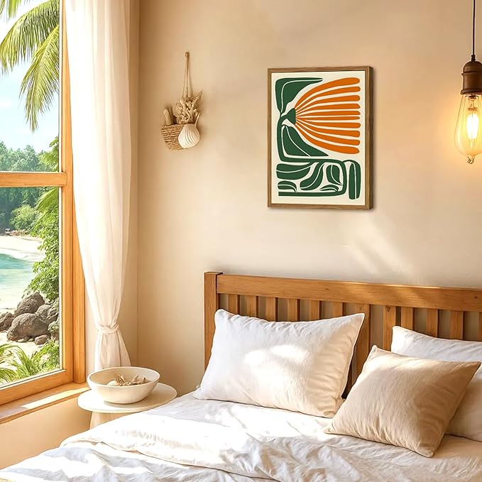 Framed Boho Floral Wall Art, Mid Century Modern Flower Canvas Wall Decor Pictures, Green and Orange Abstract Botanical Paintings Poster Prints Eclectic Home Decor for Living Room Bedroom 16x24 inch