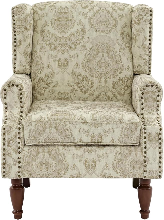 High Back Accent Chair, Fabric Upholstered Armchair for Living Room, Floral Wingback Chair with Retro Solid Wood Legs, Nailhead Trim Single Sofa Bedroom Reading Seat - White