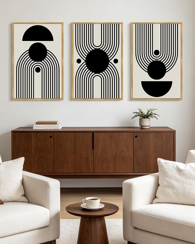 KUVIOKE Black Abstract Framed Wall Art Minimalist Geometry Lines Painting Artwork for Living Room Bedroom 24x36in (Natural Framed)