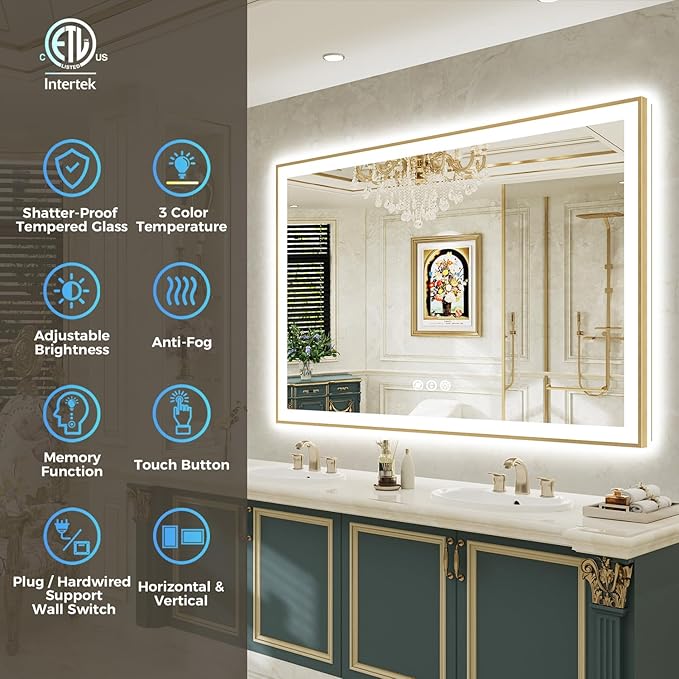 66x40 Inch LED Bathroom Mirror with Lights (Front Lit and Backlit) Gold Framed Lighted Vanity Mirror for Bathroom Wall Dimmable Anti-Fog Memory Tempered Glass Horizontal/Vertical