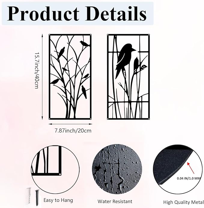 cape leadwort Metal Birds on Branches Wall Art Decor Sculptures, Metal Tree with Birds Wall Art, Wall Mounted Indoor/Outdoor Garden Decor, Gift for Bird Lovers