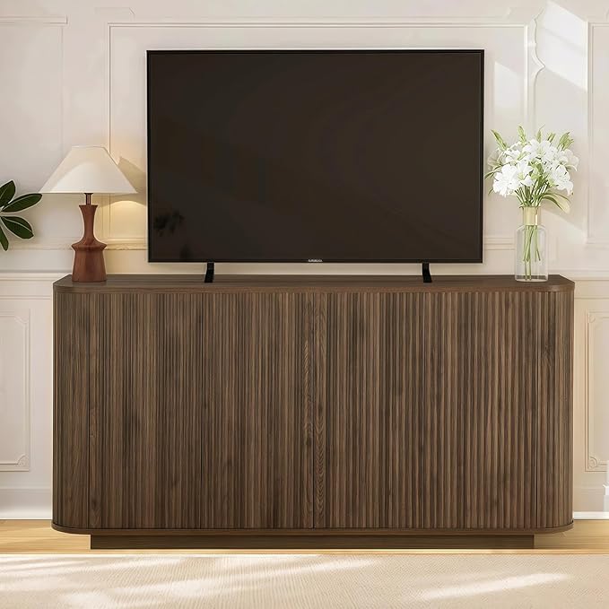 LKTART 64" Buffet Cabinet with Storage, Modern Fluted Accent Sideboard Media Console Credenza with Adjustable Shelves Pressed Spring for Kitchen Living Room,31.5" H (Walnut)