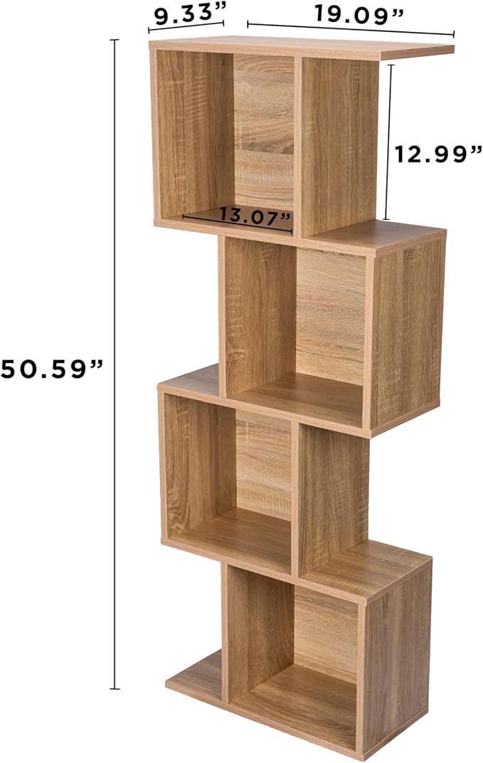 Bookcase, Bookshelf, Freestanding Display Storage Shelves Open Bookcase for Bedroom, Small Bookshelf for Living Room and Office (Natural, S-Shaped)