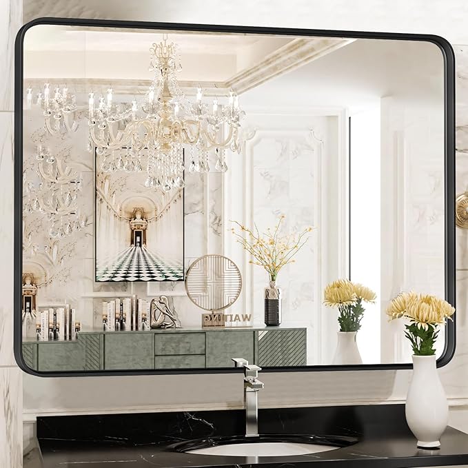 NEWBULIG 30X40 Inch Bathroom Wall Mirror, Vanity Bathroom Mirrors for Over Sink Tempered Glass, Anti-Rust Metal Framed Rounded Rectangle, Hangs Horizontally or Vertically, Farmhouse Home Decor, Black