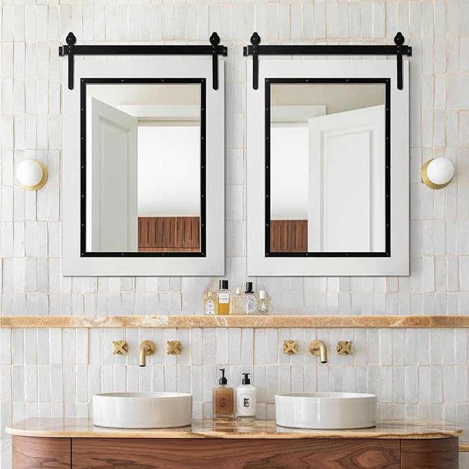 YOSHOOT Farmhouse Barn Door Mirror, 40"x29" Rustic Bathroom Mirror, Wood Frame Wall Mirror, Wooden Mirror for Living Room Bedroom Entryway Wall Décor, White Vertical Hanging ONLY
