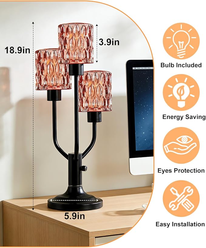 Lightdot Mid Century Modern Table Lamp Dimmable Nightstand Lamp Red Glass Vintage Black Desk Lamp 3 Bulbs Included Warmwhite Ambient Bedside Lamps for Living Room Bedroom Girls Room Home Office Decor
