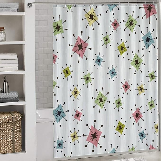 Mid Century Modern Shower Curtain for Bathroom, Retro Abstract Atomic Iconic Pattern Geometric Rustic 1950s 1960s Vintage Waterproof Fabric Shower Curtain Set with Hooks, 72"x78"