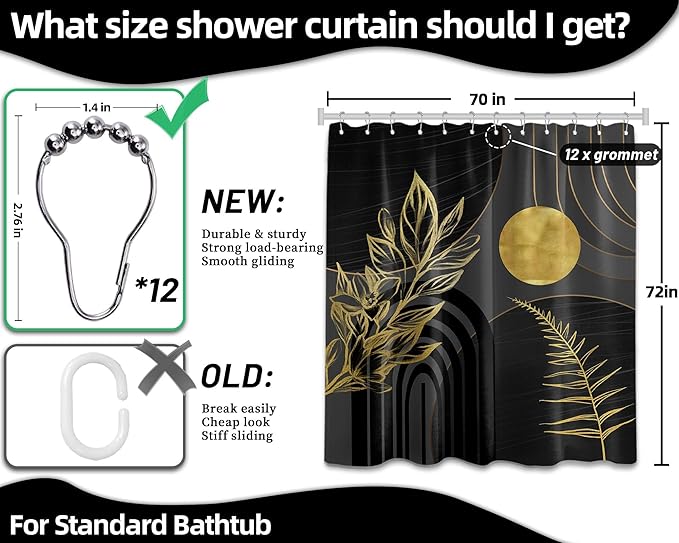Black and Gold Shower Curtain Boho Mid Century Black and Dark Grey and Gold Shower Curtains for Bathroom Decor, Waterproof Cloth Fabric with Hooks, 70" W x 72" L