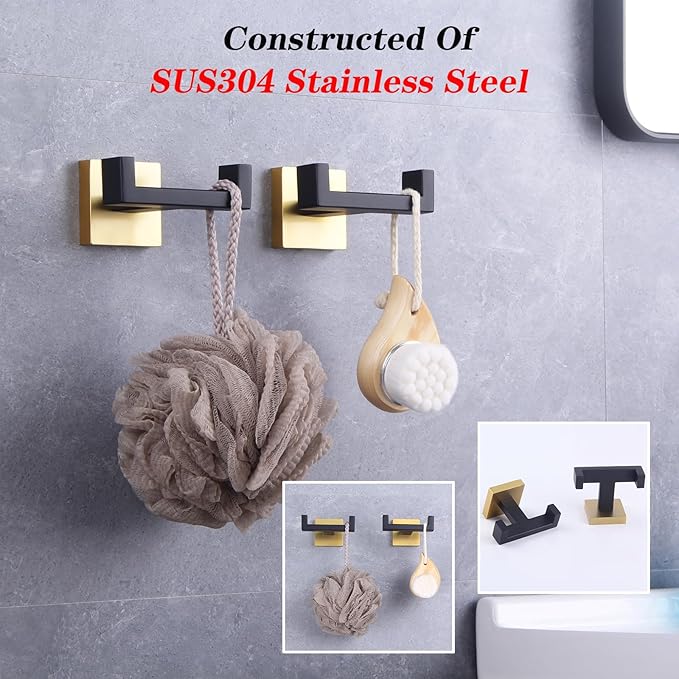 GERZWY Bathroom Hooks, Double Towel Robe/Coat Clothes Hook Stainless Steel Hanger Wall Hooks Heavy Duty for Bath Wall Mounted 2 Pack (Black & Gold) AG1417B-BD