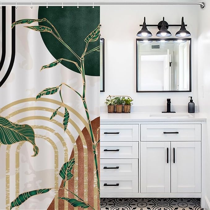 Boho Leaf Shower Curtain,Mid Century Green Tropical Plant Palm Leaves Abstract Minimalist Geometic Arch Modern Waterproof Fabric Bathroom Shower Curtain Set with Hooks,72x78Inch
