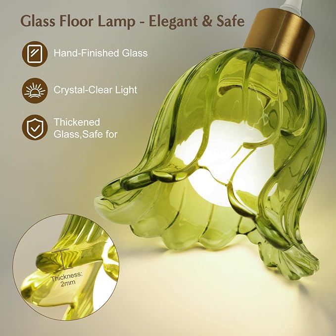 Gold Floor Lamp for Living Room,Bedroom,Tree 3 Light Standing Lamp Mid Century Modern Tall Floor Lamps Vintage Retro Floor Lights Unique Glass Green Flower Lamp Shade Farmhouse Boho Bohemian