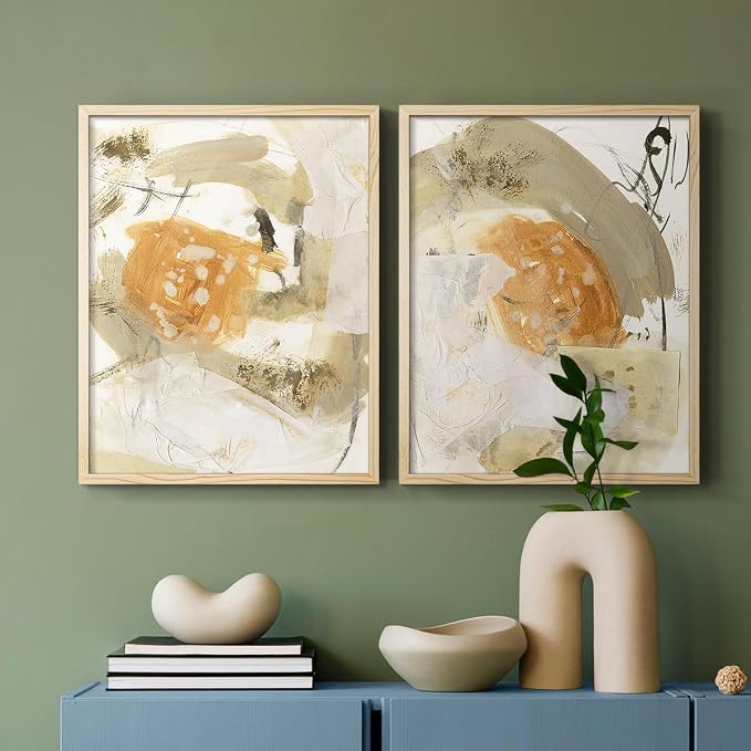 Renditions Gallery Set of 2 Peel & Stick Framed Prints, Neutral Abstract Wall Art, Earthy Tones Blended Brushstrokes Wall Decor, Re-Stickable - Ready to Hang - 8"x10" - NATURAL WOOD Frame LT588