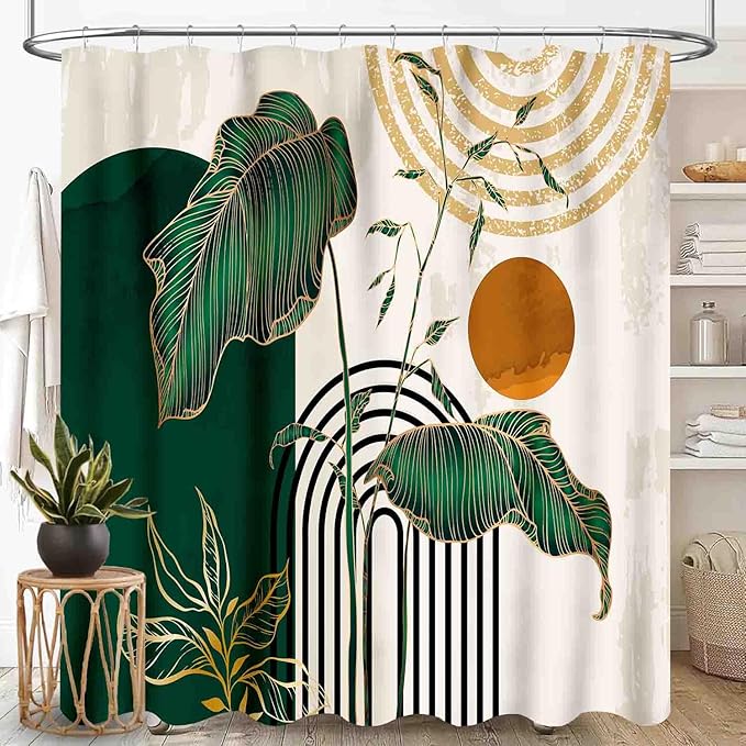 Mid Century Modern Shower Curtain, Boho Aesthetic Green Tropical Palm Leaves Abstract Minimalist Geometic Arch Waterproof Fabric Bathroom Shower Curtain Set with Hooks, 72"x78" Inch