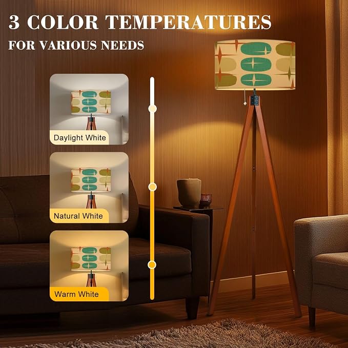 Wood Tripod Floor Lamp Retro Abstract Era Seamless 1950s 1960s 1970s modern abstract texture Mid Century Standing Lamp Linen Shade Dimmable Modern Tall lamp Home Decor for Living Room Bedroom Office