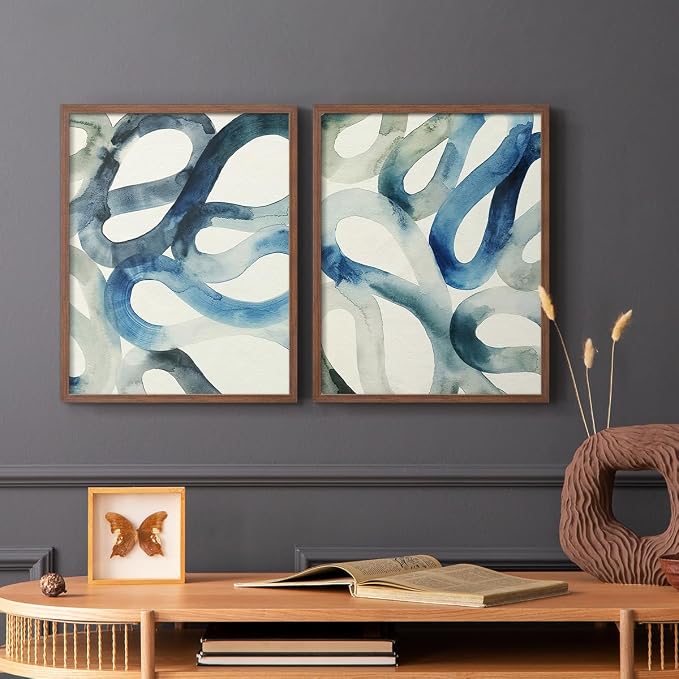 Renditions Gallery Set of 2 Peel & Stick Framed Prints, Watercolor Abstract Wall Art, Aquatic Water and Sand Strokes Wall Decor, Re-Stickable - Ready to Hang - 16"x20" - Walnut Frame LT588