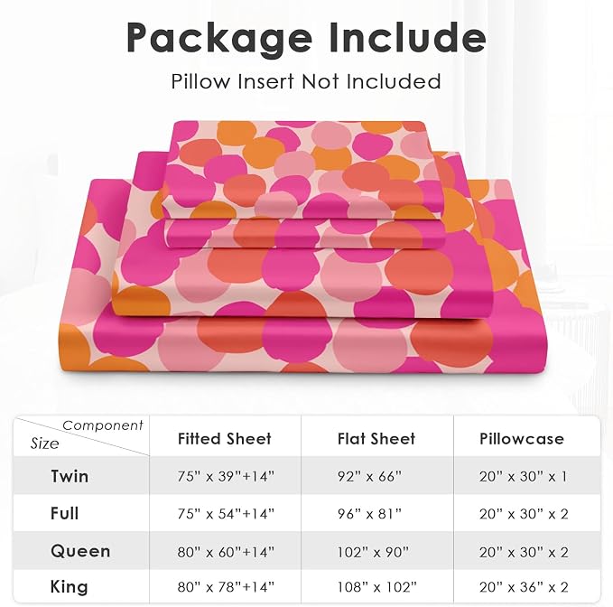 Pamnest Full Size Bed Sheet Sets, Pink Orange Colorful Soft Microfiber 4 Pcs Bedding Sets for Kids and Adults Bedroom Bed Decor, Geometric Abstract Dots Flat, Fitted Sheet and 2 Pillowcases