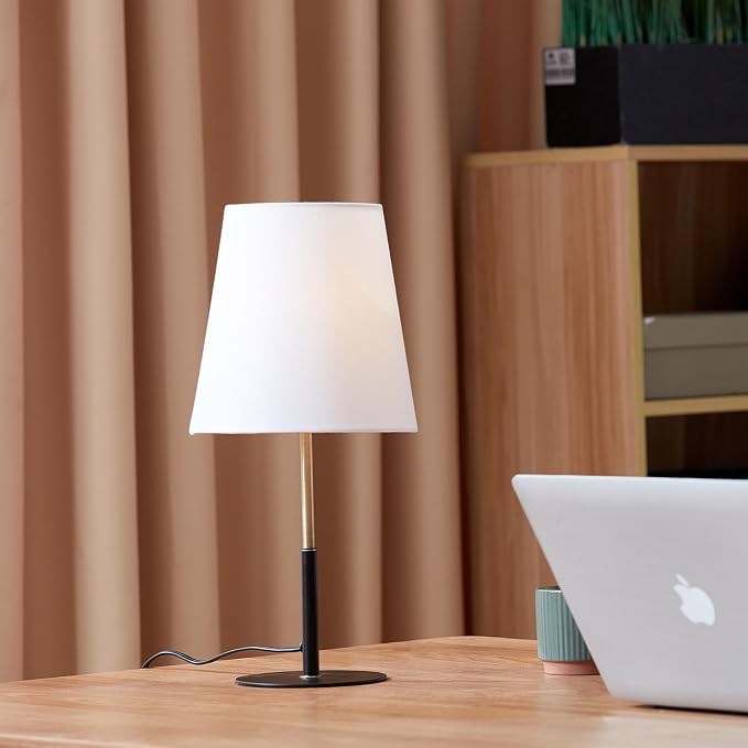 GLOBE Electric 61000045 16" Table Lamp, Matte Black, Brass Accents, White Linen Shade, On/Off Rotary Switch on Socket, Table Lamps for Living Room, Bedroom, Office, Den, Apartment Essentials