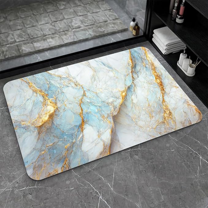 Diatomaceous Earth Bath Mat,Blue, White and Gold Marble Non-Slip Volume Super Absorbent Fast Drying for Bathroom Kitchen Door mat,Eco-Friendly Easy to Clean 17×27.5Inch (43 * 70cm)