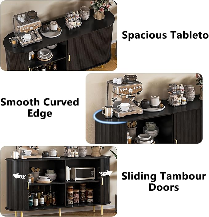 PUKAMI 55" Wood Buffet Sideboard Cabinet with Storage, Mid-Century Modern Coffee Bar Cabinet with Sliding Doors & Shelves, Accent Credenza Console Table for Kitchen, Dining Room, Entryway (Black)