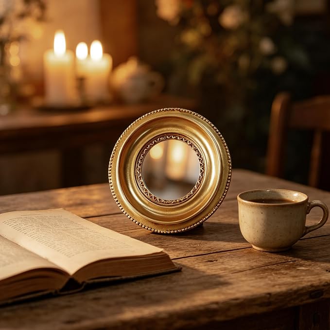 Golden Mini Vintage Mirror with Exquisite Relief Elegant Wall Decor for Bedroom Dresser Table Compact Resin Retro Design (Gold Round 02, 4.7 X4.7)