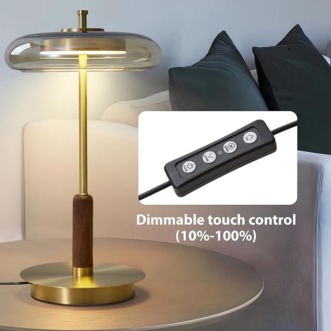 Brass Base Mushroom Table Lamp for Bedroom, Small Desk Lamp with Amber Glass Shade, LED Three Color Temperature Adjustable Brightness Modern Side Table Lighting (H 15.4 in)