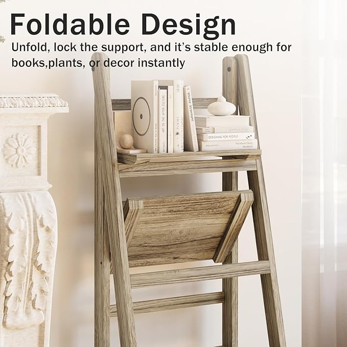 Ladder Shelves - Folding Wooden Ladder Bookshelf, 4-Tier Retro Plant Stand Storage Shelves for Home Living Room, Light Brown