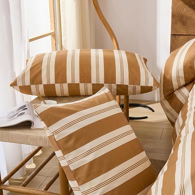 Merryword Khaki Striped Duvet Cover Set King Size, 100% Cotton Bedding Set with Zipper Closure & 8 Corner Ties, Awning Stripe Bedding, Soft Breathable Comforter Cover for All Seasons