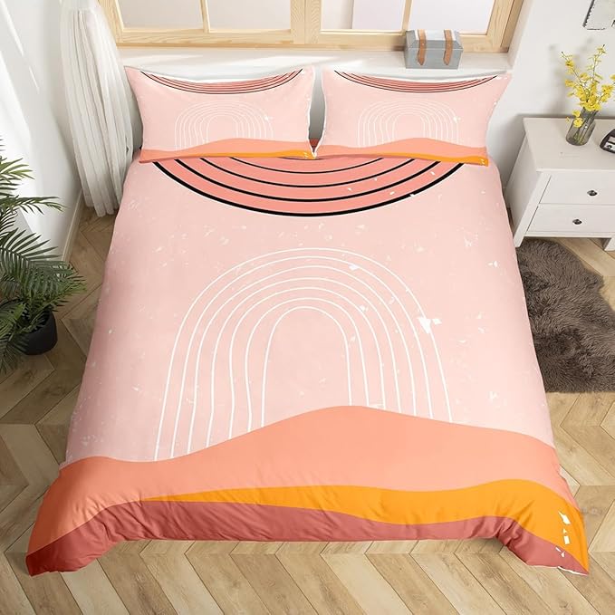 Erosebridal Pink Aesthetic Bed Set Girly Minimalist Duvet Cover for Girls Women, Modern Bedding Set Full Mid Century Comforter Cover, Boho Abstract Art Bed Cover Microfiber (Zipper Closure)