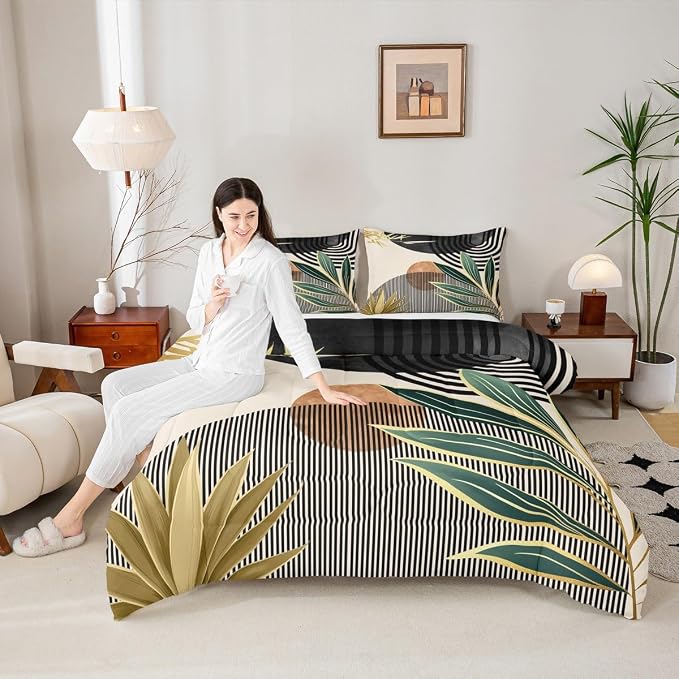 Erosebridal Mid Century Modern Comforter Set Queen Boho Botanical Minimalist Bedding Set,Vintage Line Art Down Comforter Modern Simple Abstract Aesthetic Duvet Insert,Black Beige