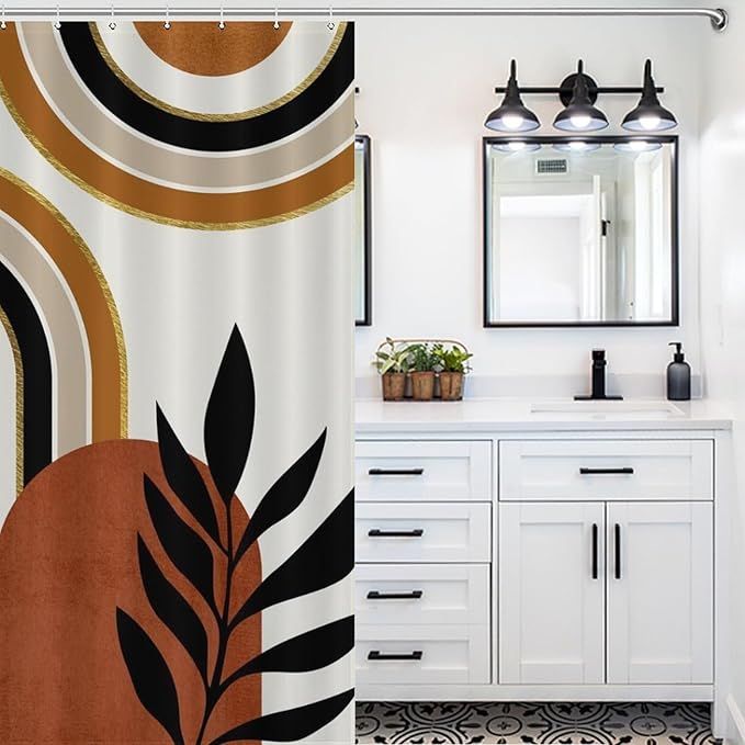 Bohemian Leaf Shower Curtain,Mid Century Abstract Tropical Plant Minimalist Modern Geometric Palm Leaf Simple Waterproof Fabric Bathroom Shower Curtain Set with Hooks,72x78Inch
