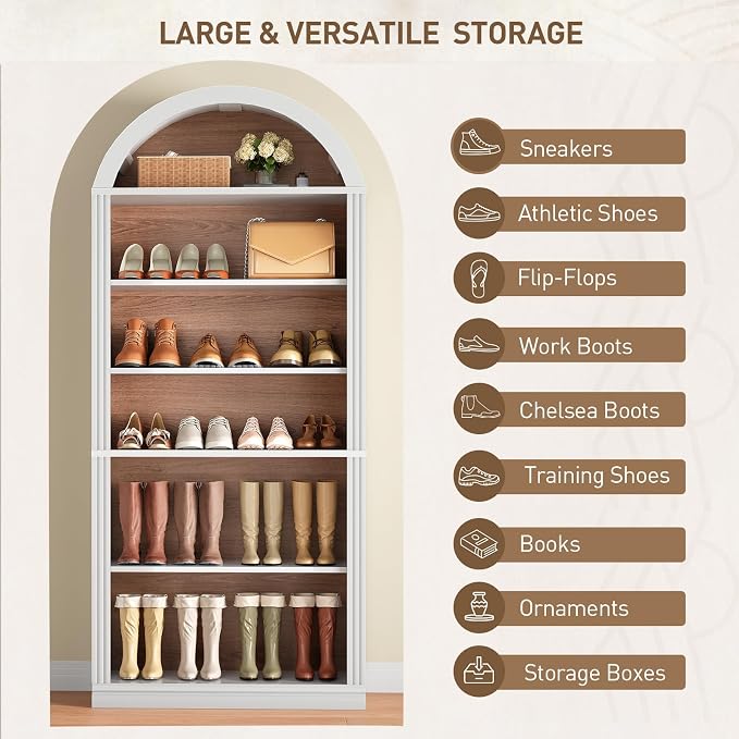 RALGEND Arched Bookshelf, 75.8" Tall Arch Bookcase with Storage, 6-Tier Farmhouse Book Shelf, Arched Cabinet, Wooden Bookshelf with Open Display Shelves, Adjustable Shelf, Office, Walnut and White
