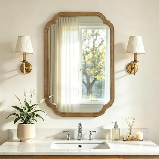 HOMECOOKIN Wood Bathroom Mirror for Wall Decor Arched Rounded Corner Rustic Wood Frame Wall Mirror Home Decorative for Vanity, Living Room, Bedroom, Entryway (20 x 30 inch, Natural)