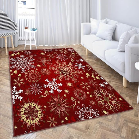 Ansouyi Non-Slip 5x7 ft Area Rugs, Washable Rug Carpet for Living Room, Red Christmas with Gold and White Snowflakes Home Decor Rugs for Game Room Classroom Bedroom Dining Kindergarten Room