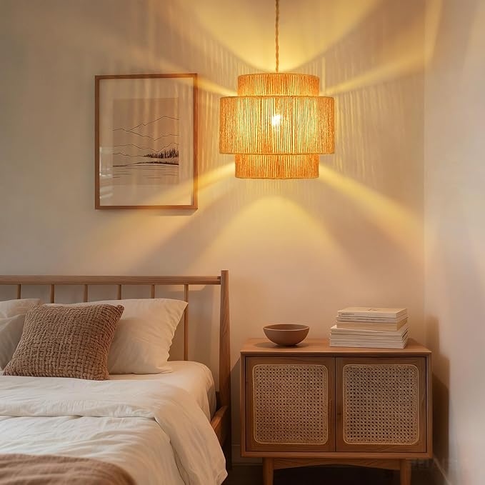 Boho Plug in Pendant Light Dimmable Switch, Wicker Hangings Lights with Plug in Cord 14.7ft Hemp Rope, Rattan Lampshade Hanging Pendant Light, Jute Hanging Lamp for Kitchen Dining Room Bedroom
